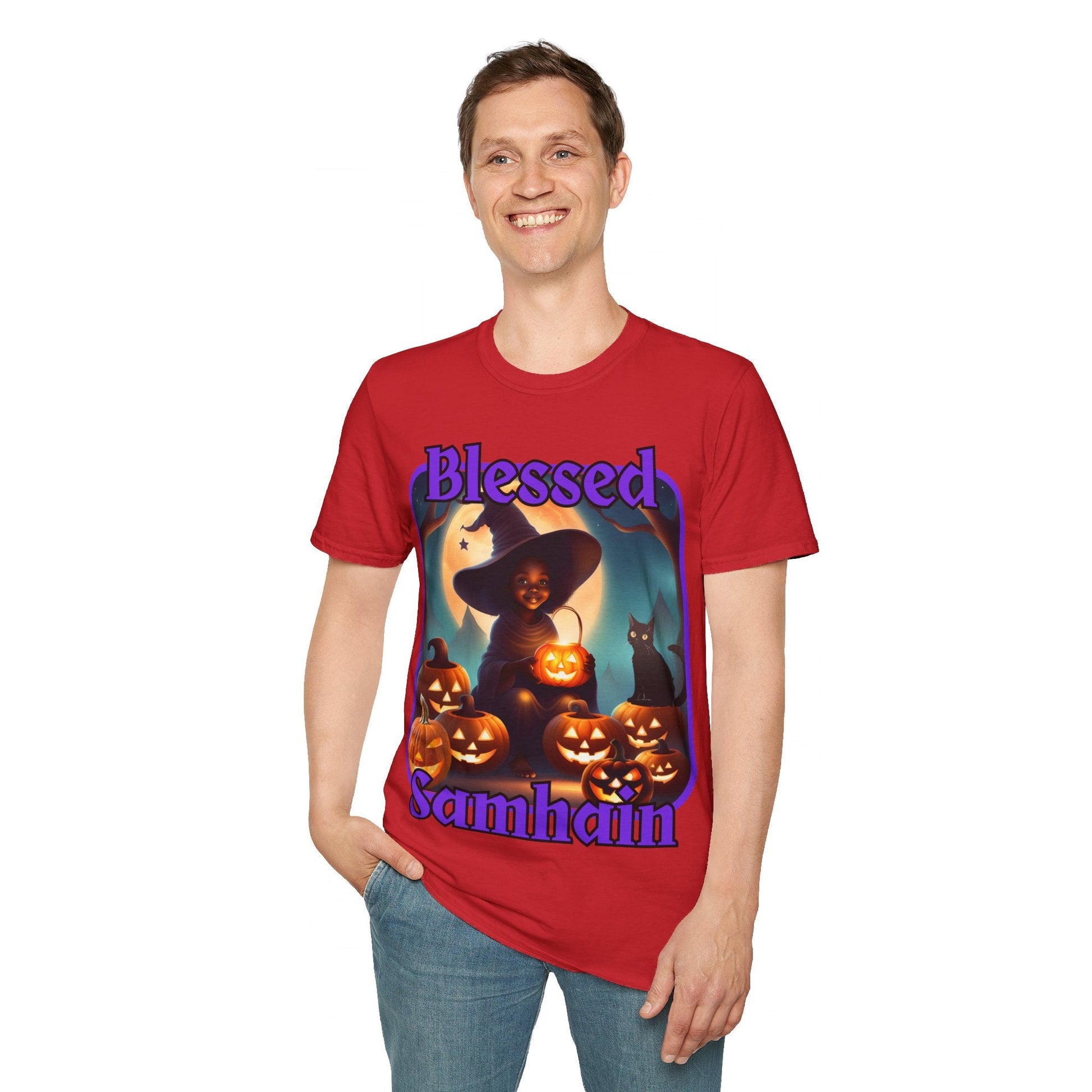 Blessed Samhain Cute Witch PRfont LTcolors Unisex T-Shirt by cypherpunkgear – cypherpunkgear.com | Cypherpunk Merch