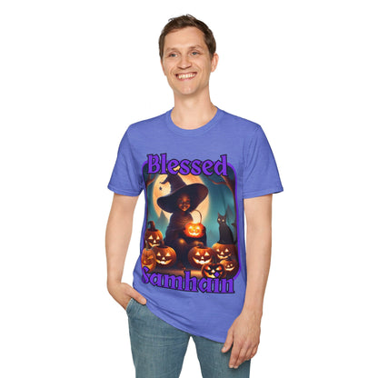 Blessed Samhain Cute Witch PRfont LTcolors Unisex T-Shirt by cypherpunkgear – cypherpunkgear.com | Cypherpunk Merch
