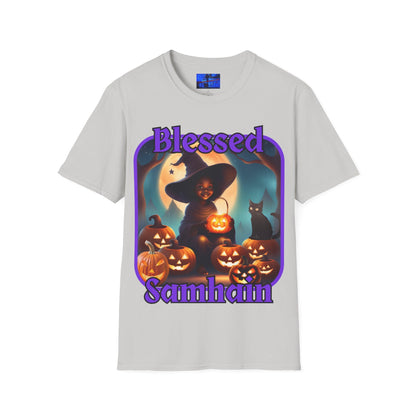 Blessed Samhain Cute Witch PRfont LTcolors Unisex T-Shirt by cypherpunkgear – cypherpunkgear.com | Cypherpunk Merch