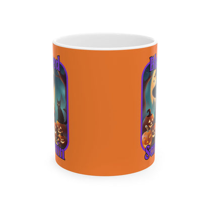 Blessed Samhain Cute Witch PRfont Orange Mug by cypherpunkgear – cypherpunkgear.com | Cypherpunk Merch