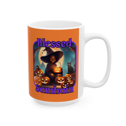 Blessed Samhain Cute Witch PRfont Orange Mug by cypherpunkgear – cypherpunkgear.com | Cypherpunk Merch