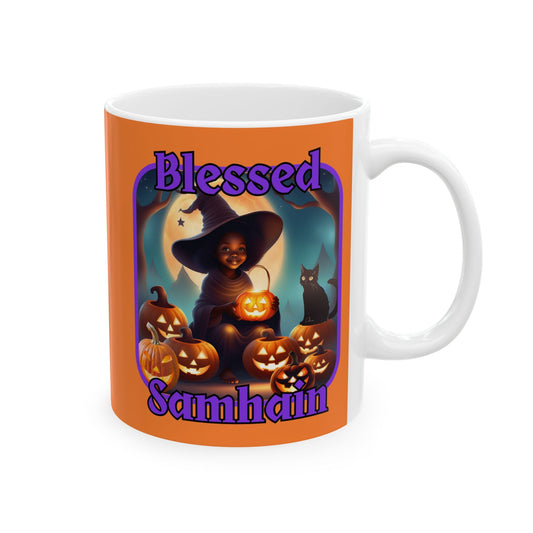 Blessed Samhain Cute Witch PRfont Orange Mug by cypherpunkgear – cypherpunkgear.com | Cypherpunk Merch