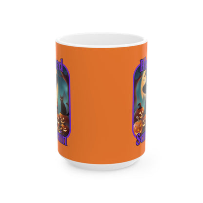 Blessed Samhain Cute Witch PRfont Orange Mug by cypherpunkgear – cypherpunkgear.com | Cypherpunk Merch