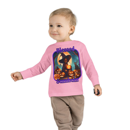 Blessed Samhain Cute Witch PRfont Toddler Long Sleeve Tee by cypherpunkgear – cypherpunkgear.com | Cypherpunk Merch