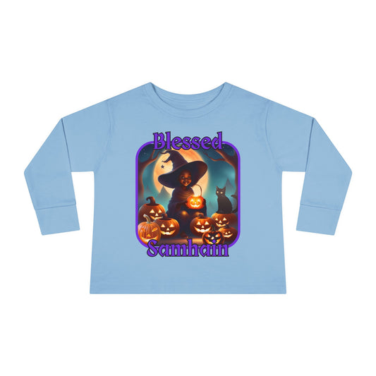 Blessed Samhain Cute Witch PRfont Toddler Long Sleeve Tee by cypherpunkgear – cypherpunkgear.com | Cypherpunk Merch