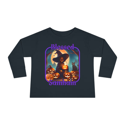 Blessed Samhain Cute Witch PRfont Toddler Long Sleeve Tee by cypherpunkgear – cypherpunkgear.com | Cypherpunk Merch