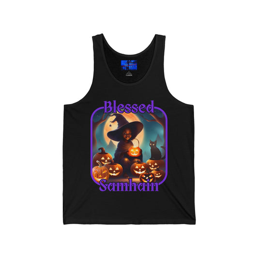 Blessed Samhain Cute Witch PRfont Unisex Jersey Tank Top by cypherpunkgear – cypherpunkgear.com | Cypherpunk Merch