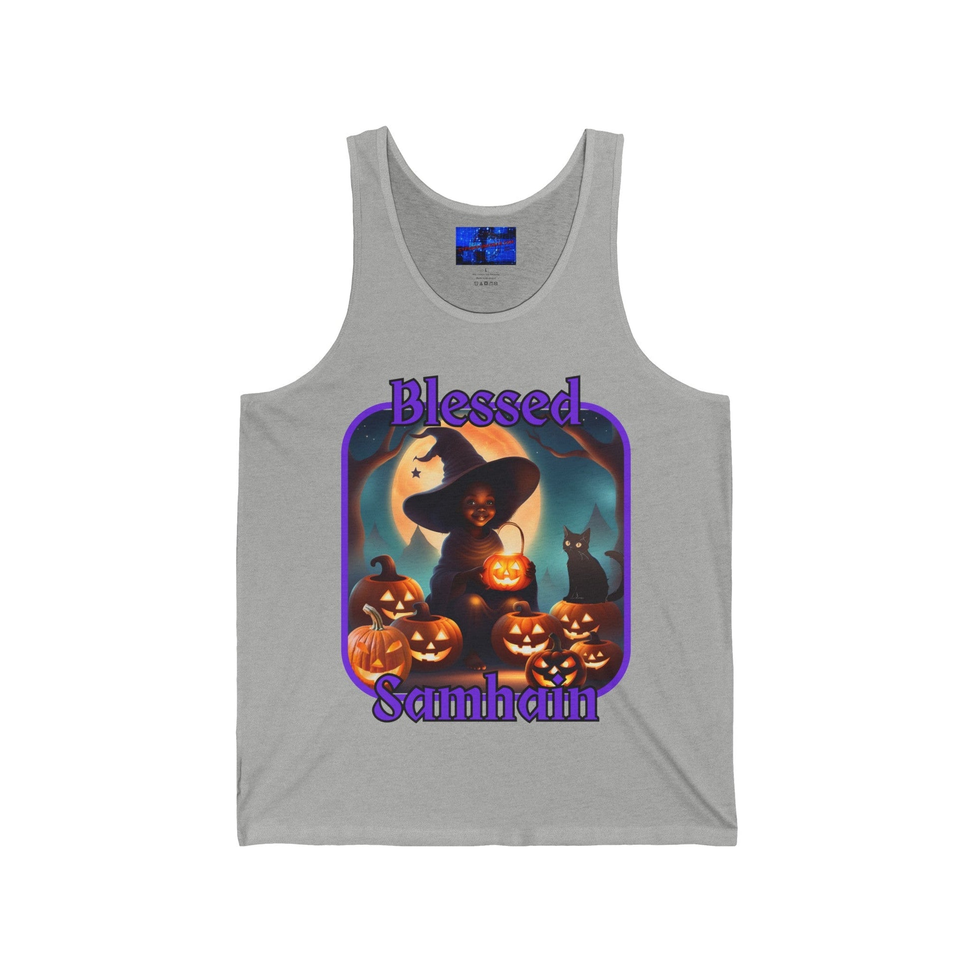 Blessed Samhain Cute Witch PRfont Unisex Jersey Tank Top by cypherpunkgear – cypherpunkgear.com | Cypherpunk Merch