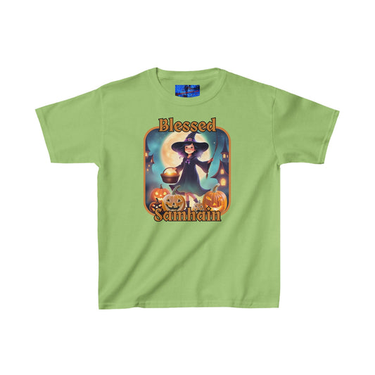 Blessed Samhain Little Witch ORfont Kids Heavy Cotton™ Tee by cypherpunkgear – cypherpunkgear.com | Cypherpunk Merch