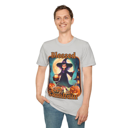 Blessed Samhain Little Witch ORfont LTcolors Unisex T-Shirt by cypherpunkgear – cypherpunkgear.com | Cypherpunk Merch