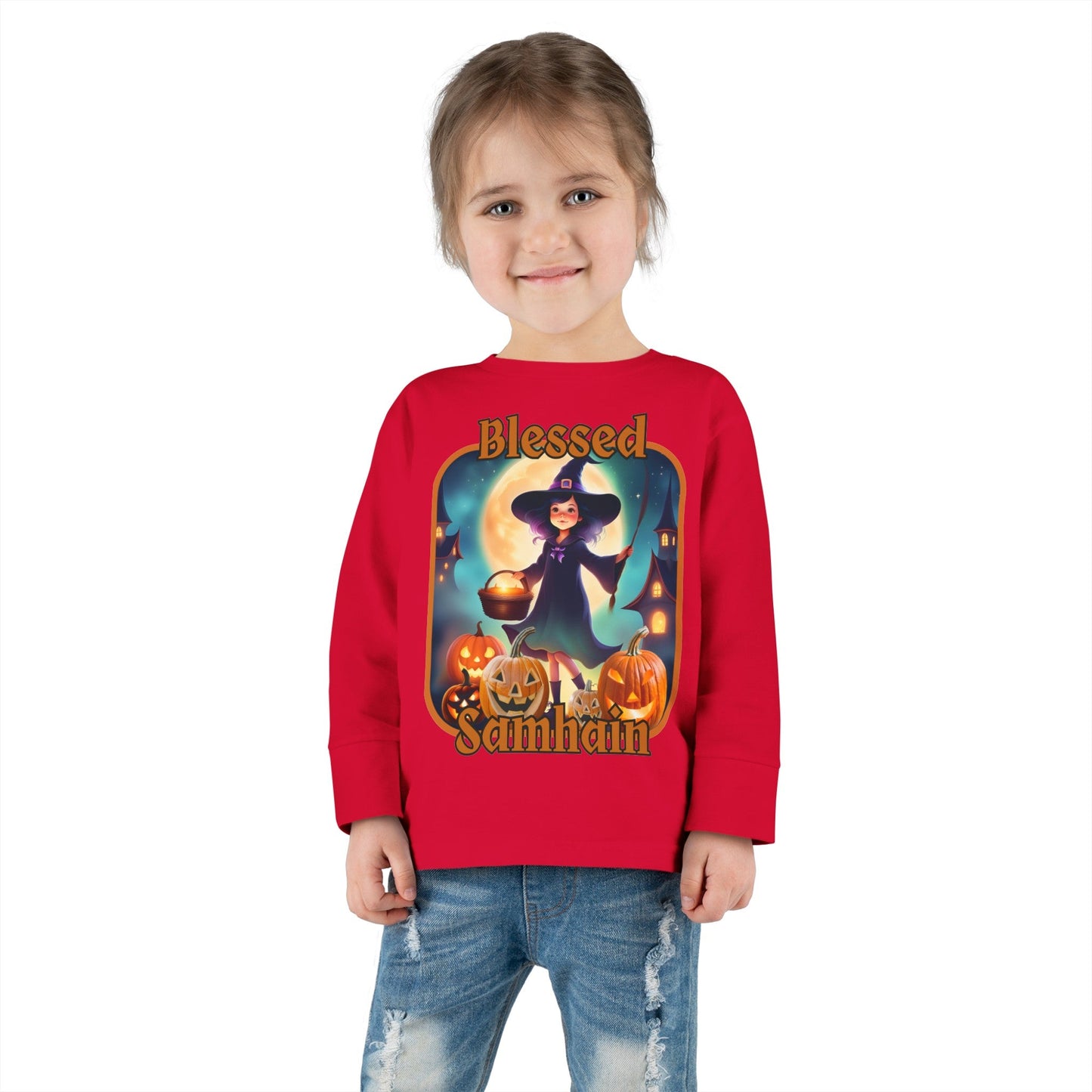 Blessed Samhain Little Witch ORfont Toddler Long Sleeve Tee by cypherpunkgear – cypherpunkgear.com | Cypherpunk Merch