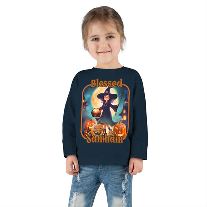 Blessed Samhain Little Witch ORfont Toddler Long Sleeve Tee by cypherpunkgear – cypherpunkgear.com | Cypherpunk Merch