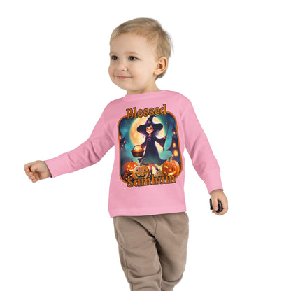 Blessed Samhain Little Witch ORfont Toddler Long Sleeve Tee by cypherpunkgear – cypherpunkgear.com | Cypherpunk Merch