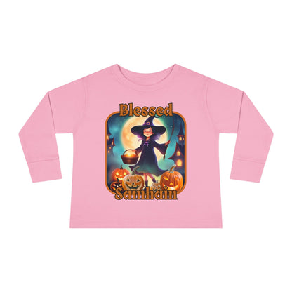 Blessed Samhain Little Witch ORfont Toddler Long Sleeve Tee by cypherpunkgear – cypherpunkgear.com | Cypherpunk Merch