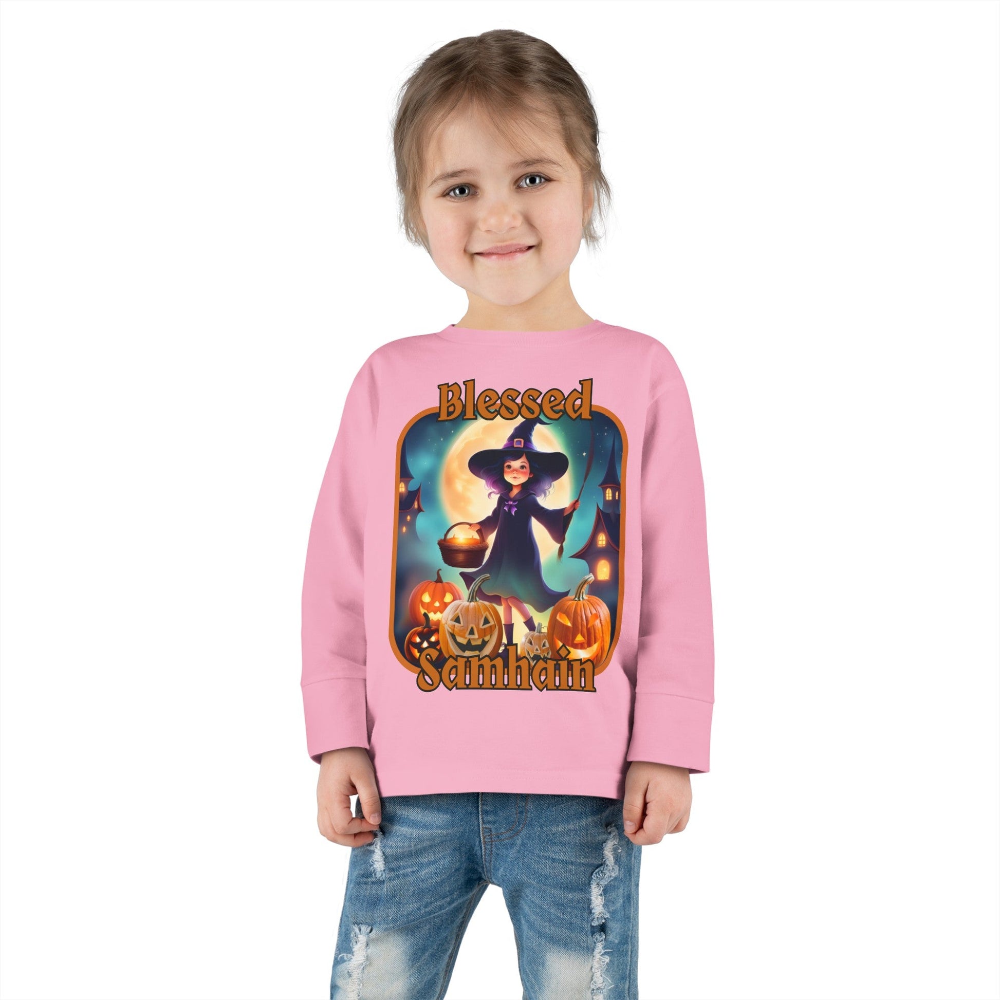 Blessed Samhain Little Witch ORfont Toddler Long Sleeve Tee by cypherpunkgear – cypherpunkgear.com | Cypherpunk Merch