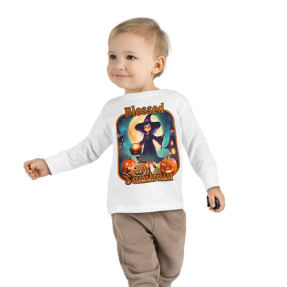 Blessed Samhain Little Witch ORfont Toddler Long Sleeve Tee by cypherpunkgear – cypherpunkgear.com | Cypherpunk Merch