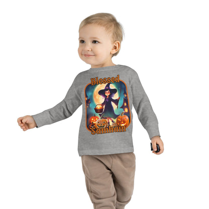 Blessed Samhain Little Witch ORfont Toddler Long Sleeve Tee by cypherpunkgear – cypherpunkgear.com | Cypherpunk Merch