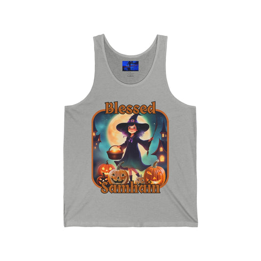 Blessed Samhain Little Witch ORfont Unisex Jersey Tank Top by cypherpunkgear – cypherpunkgear.com | Cypherpunk Merch