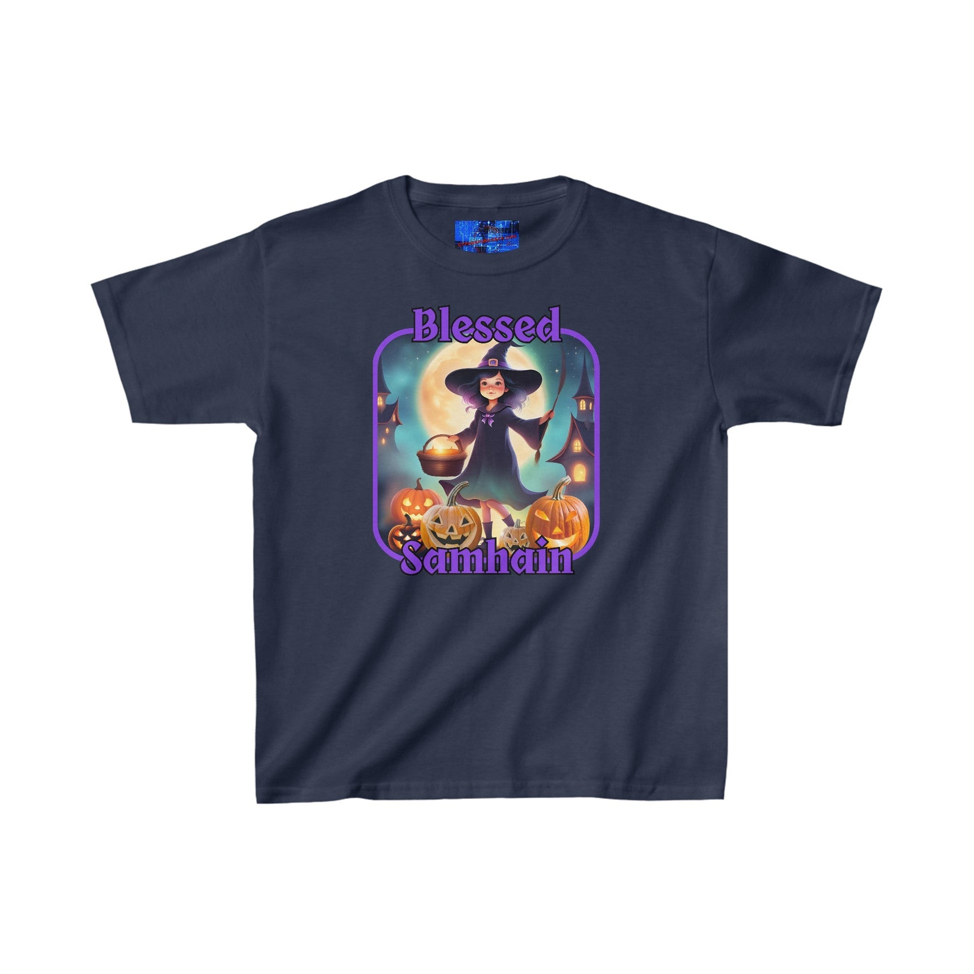 Blessed Samhain Little Witch PRfont Kids Heavy Cotton™ Tee by cypherpunkgear – cypherpunkgear.com | Cypherpunk Merch