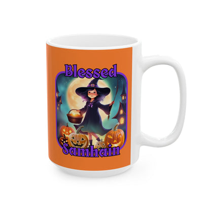 Blessed Samhain Little Witch PRfont Orange Mug by cypherpunkgear – cypherpunkgear.com | Cypherpunk Merch