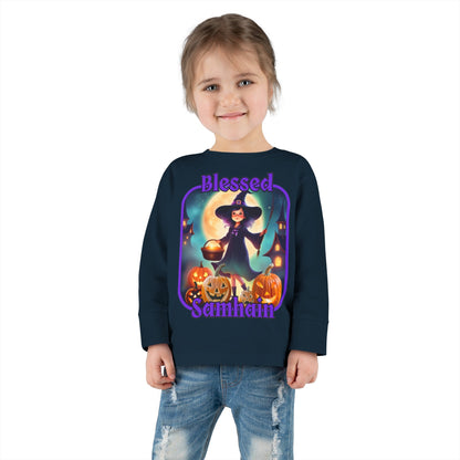 Blessed Samhain Little Witch PRfont Toddler Long Sleeve Tee by cypherpunkgear – cypherpunkgear.com | Cypherpunk Merch