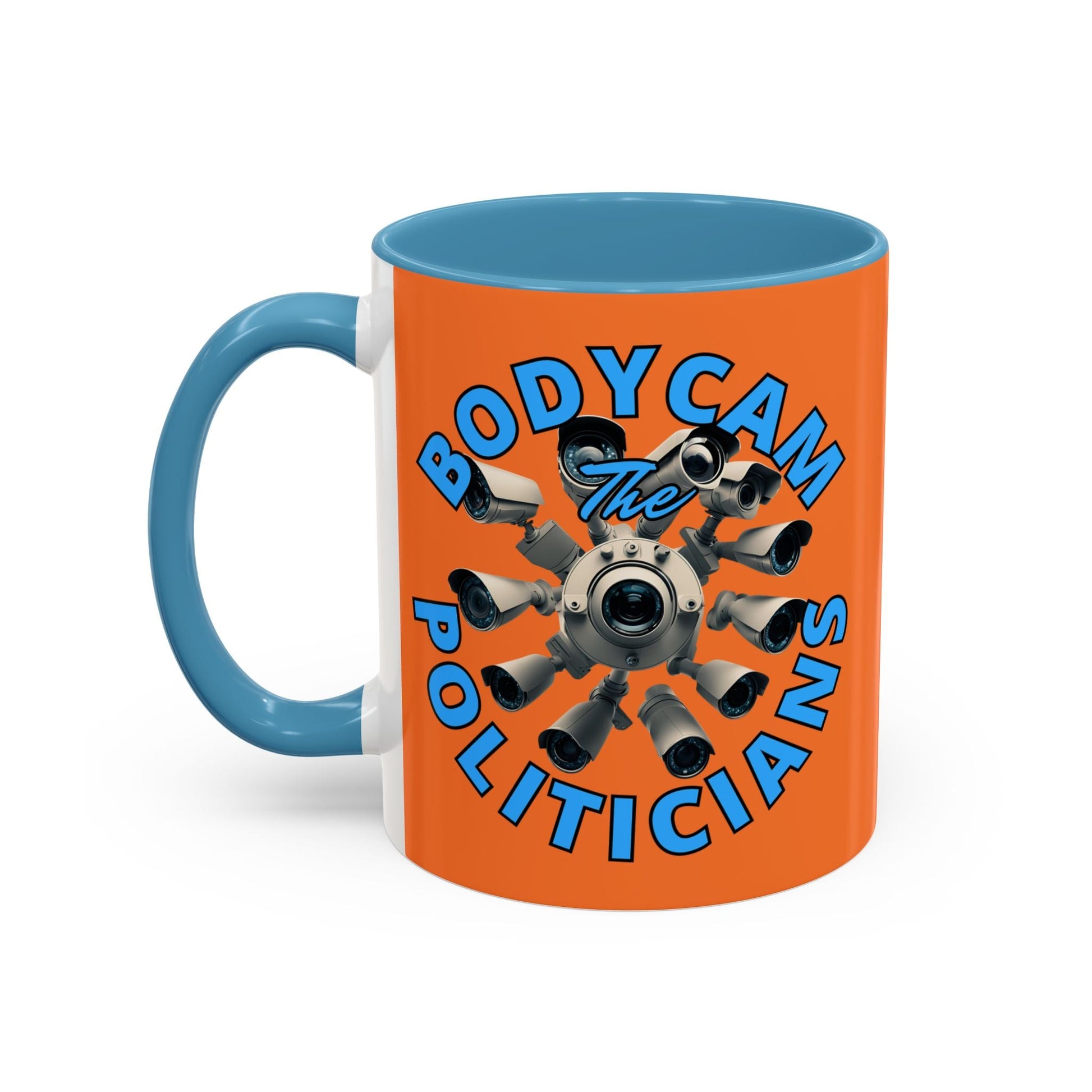 Bodycam the Politicians Cameras Orange Accent Mug by cypherpunkgear.com – cypherpunkgear.com | Cypherpunk Merch