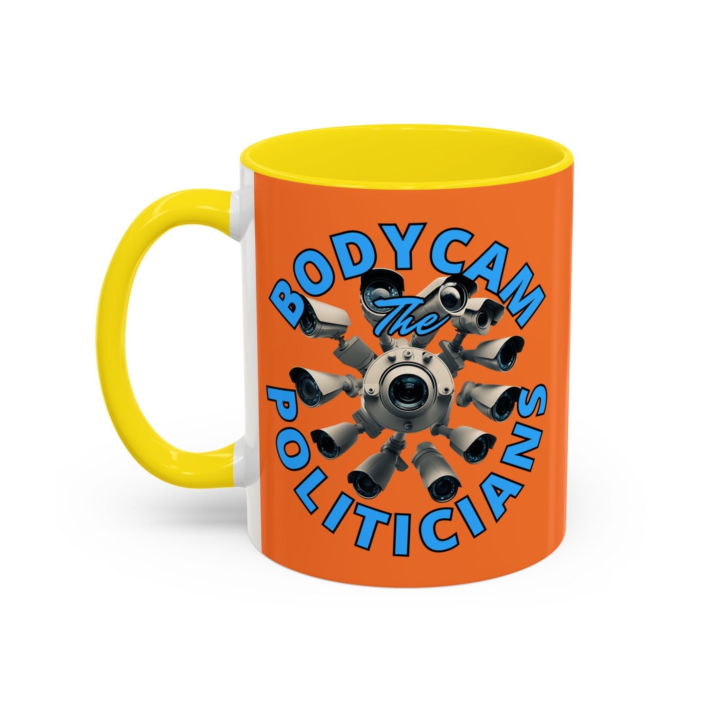 Bodycam the Politicians Cameras Orange Accent Mug by cypherpunkgear.com – cypherpunkgear.com | Cypherpunk Merch