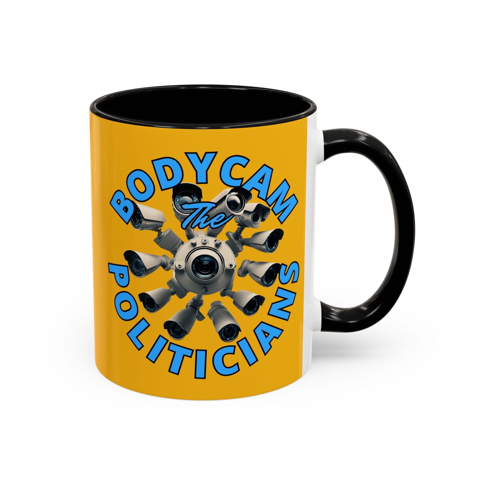 Bodycam the Politicians Cameras Yellow Accent Mug by cypherpunkgear.com – cypherpunkgear.com | Cypherpunk Merch