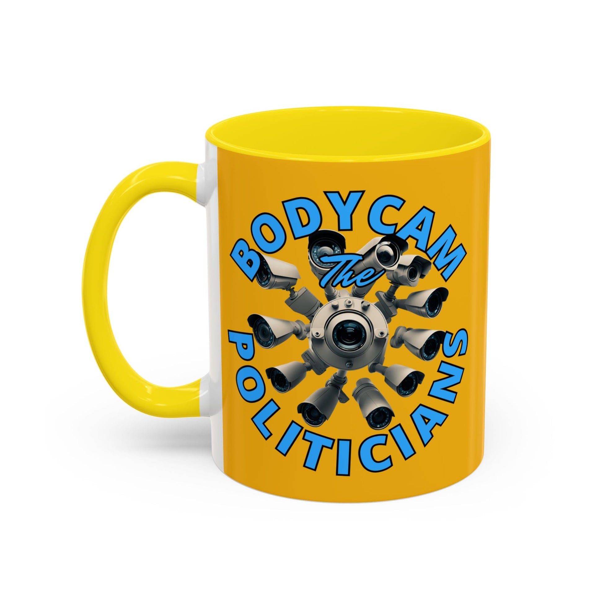Bodycam the Politicians Cameras Yellow Accent Mug by cypherpunkgear.com – cypherpunkgear.com | Cypherpunk Merch