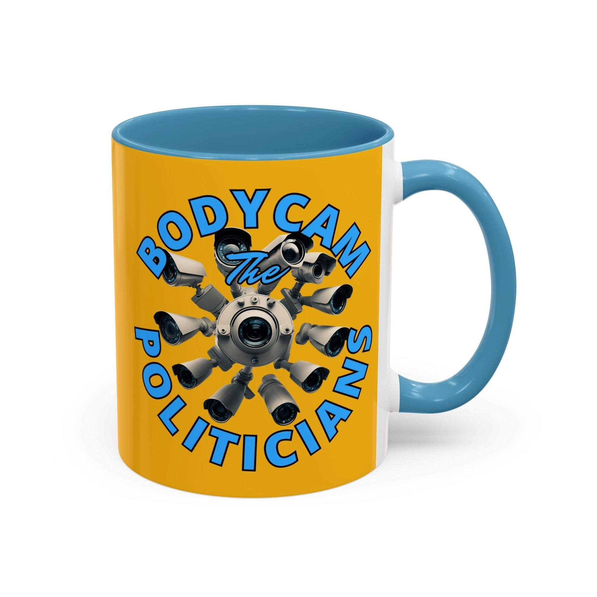 Bodycam the Politicians Cameras Yellow Accent Mug by cypherpunkgear.com – cypherpunkgear.com | Cypherpunk Merch