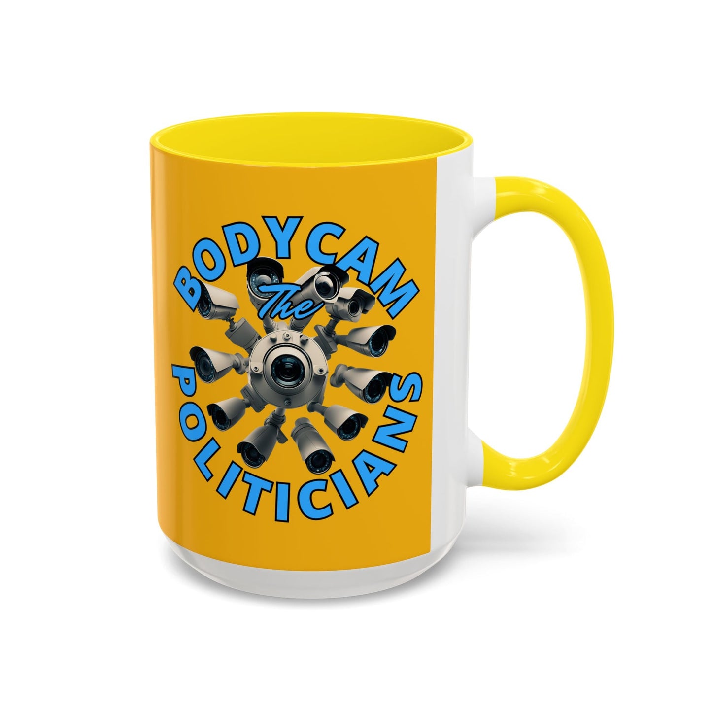 Bodycam the Politicians Cameras Yellow Accent Mug by cypherpunkgear.com – cypherpunkgear.com | Cypherpunk Merch
