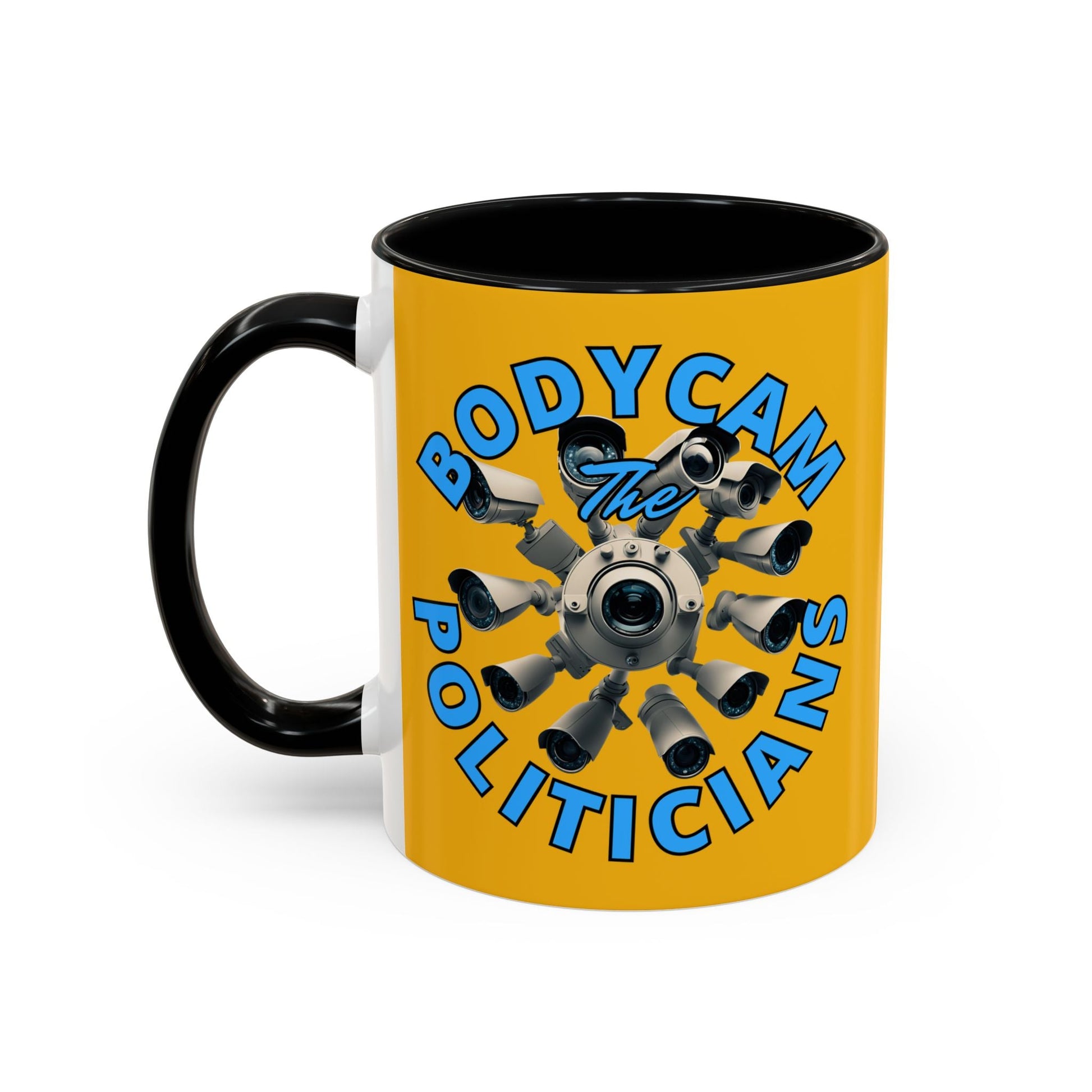 Bodycam the Politicians Cameras Yellow Accent Mug by cypherpunkgear.com – cypherpunkgear.com | Cypherpunk Merch