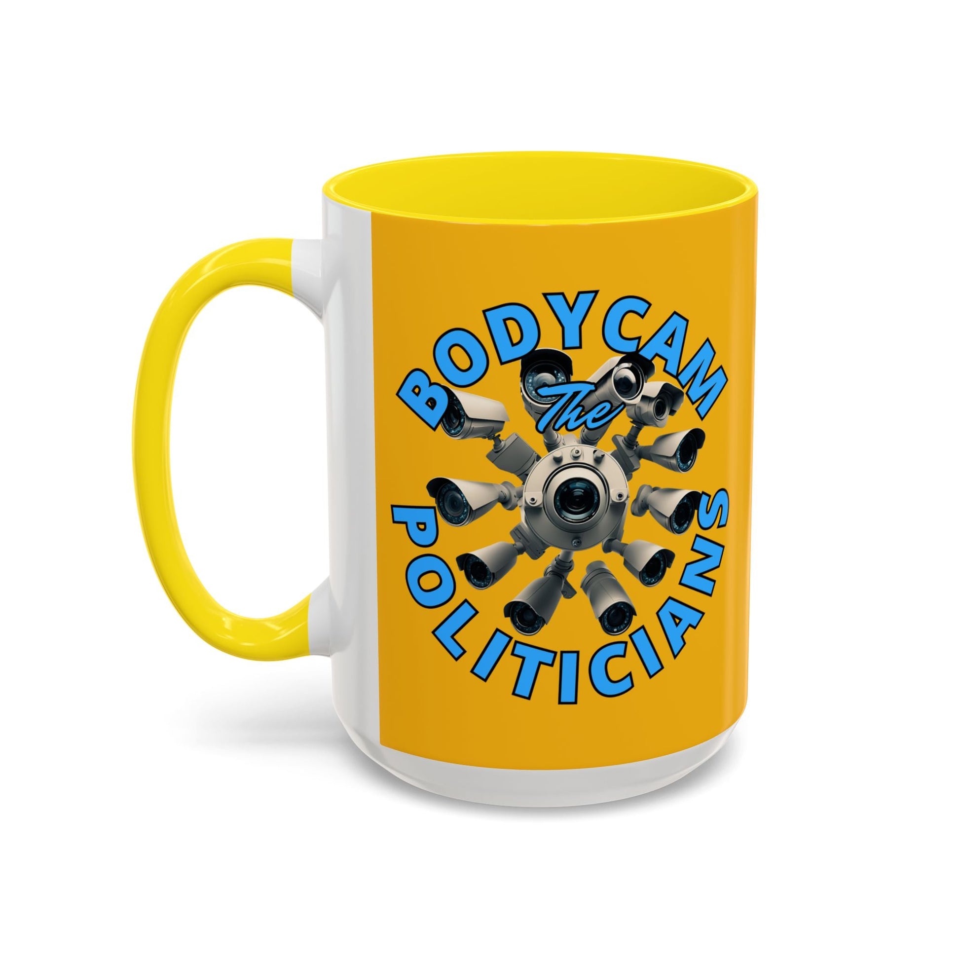 Bodycam the Politicians Cameras Yellow Accent Mug by cypherpunkgear.com – cypherpunkgear.com | Cypherpunk Merch