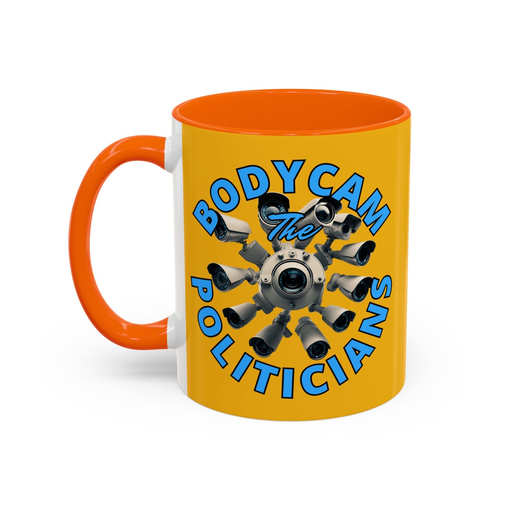 Bodycam the Politicians Cameras Yellow Accent Mug by cypherpunkgear.com – cypherpunkgear.com | Cypherpunk Merch