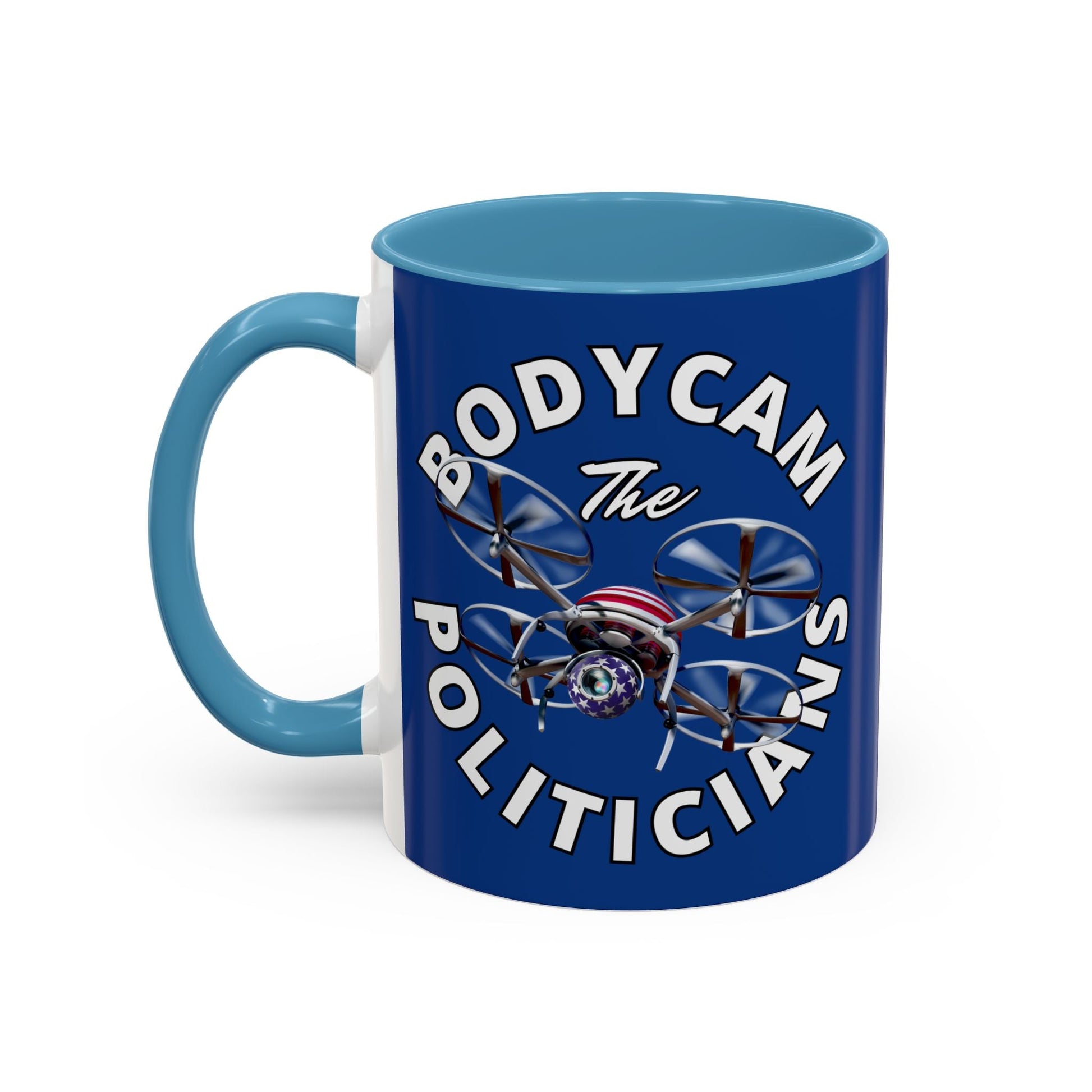 Bodycam the Politicians Drone Blue Accent Mug by cypherpunkgear.com – cypherpunkgear.com | Cypherpunk Merch