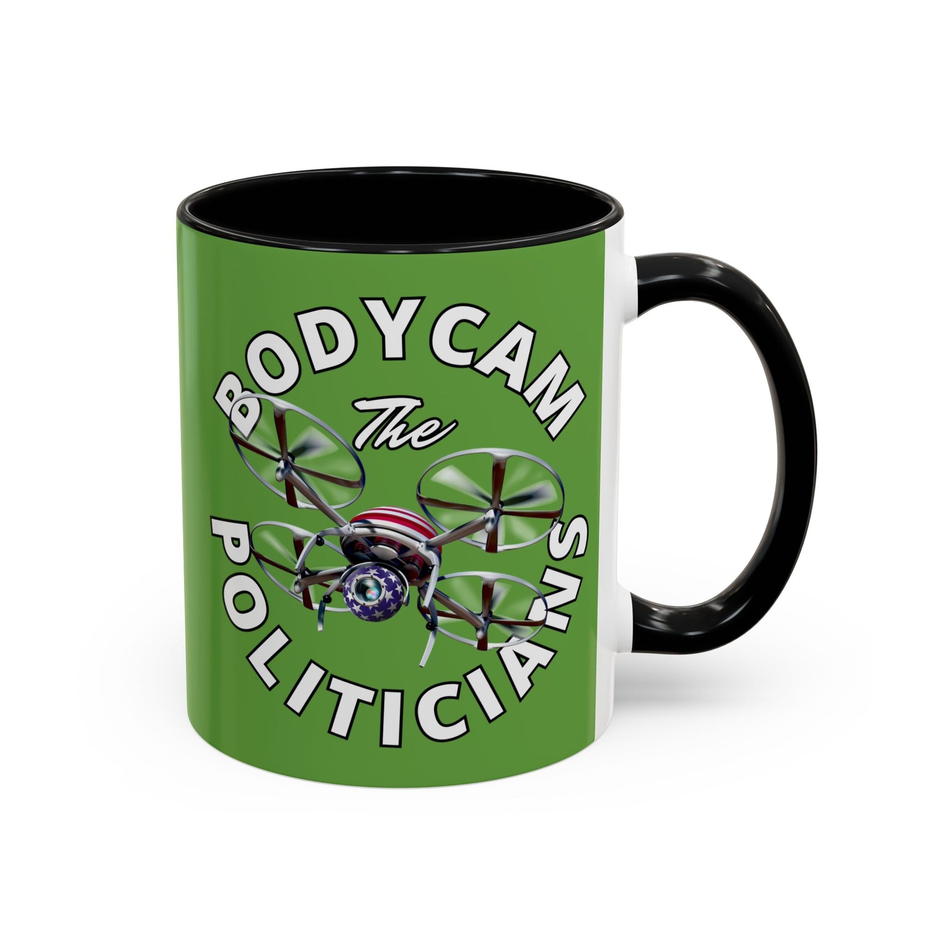 Bodycam the Politicians Drone Green Accent Mug by cypherpunkgear.com – cypherpunkgear.com | Cypherpunk Merch