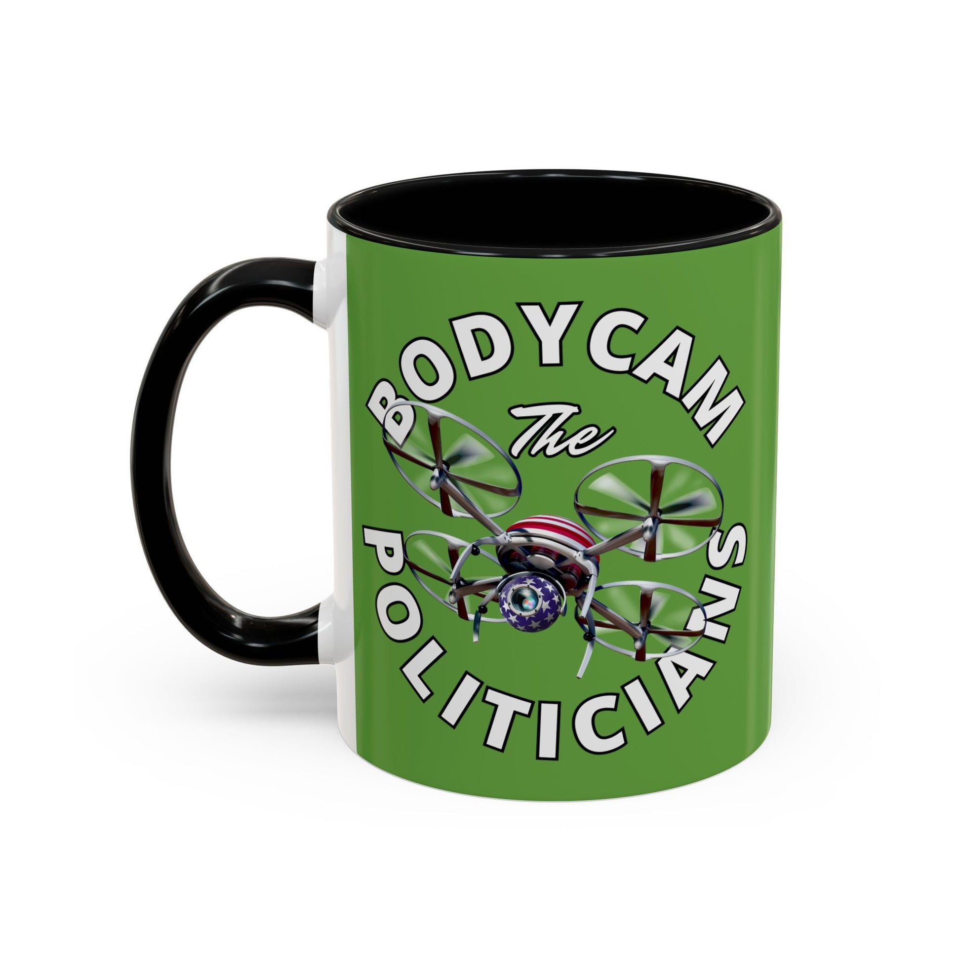 Bodycam the Politicians Drone Green Accent Mug by cypherpunkgear.com – cypherpunkgear.com | Cypherpunk Merch