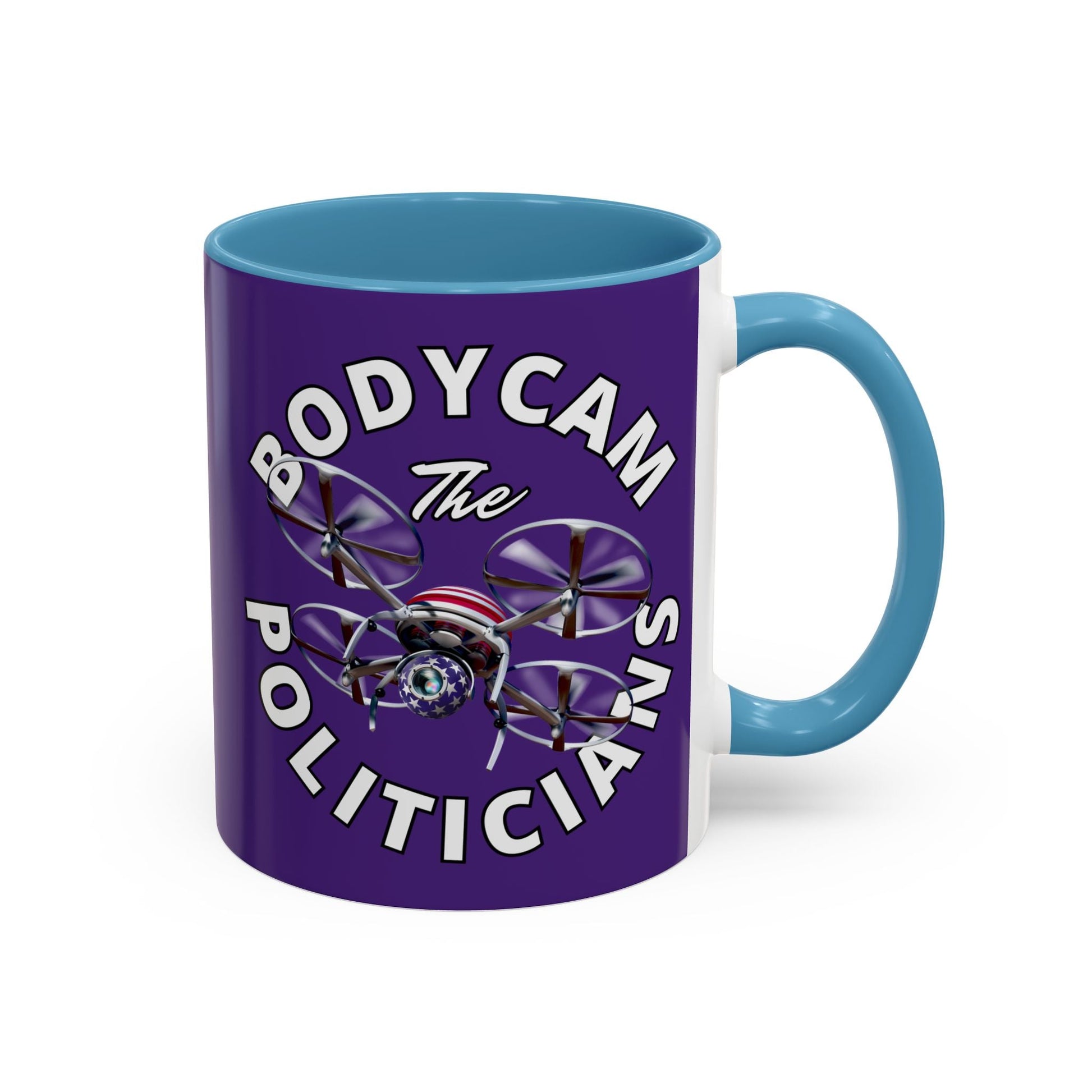 Bodycam the Politicians Drone Purple Accent Mug by cypherpunkgear.com – cypherpunkgear.com | Cypherpunk Merch