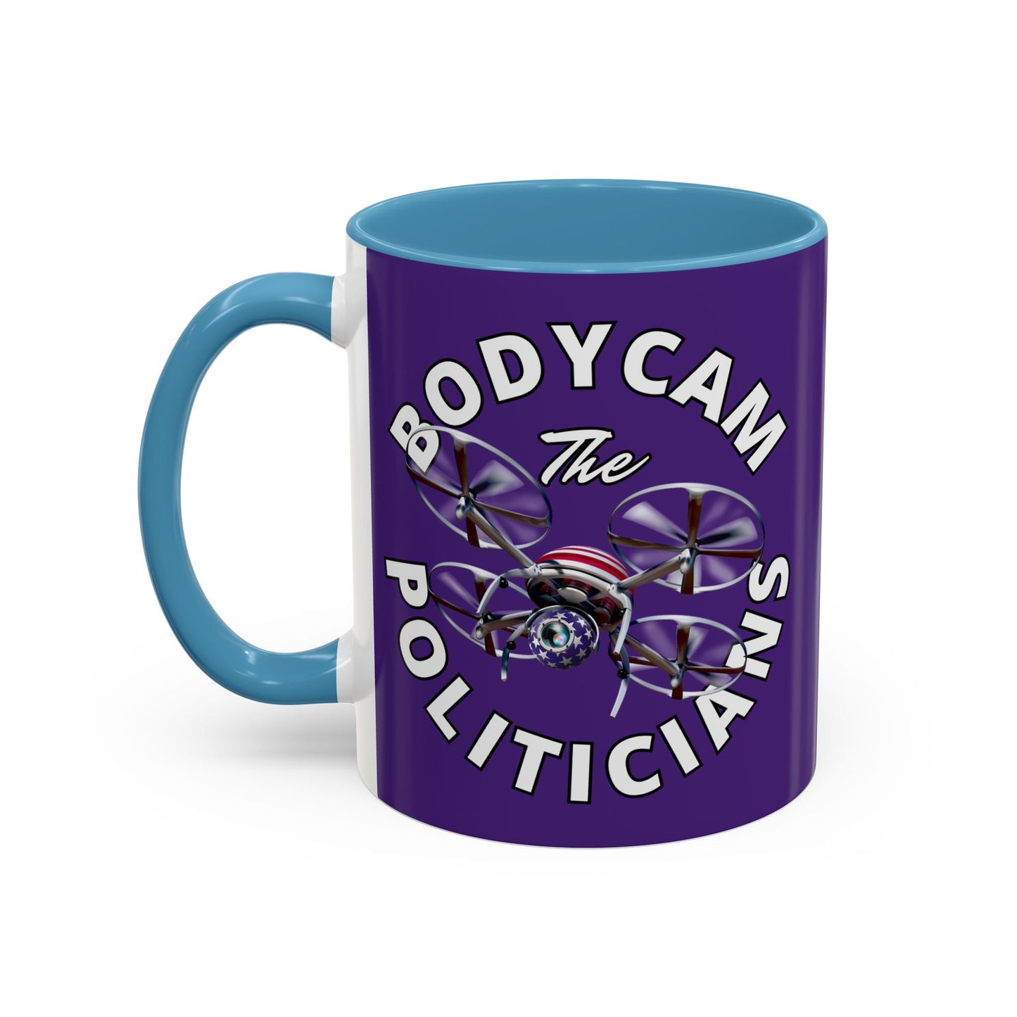Bodycam the Politicians Drone Purple Accent Mug by cypherpunkgear.com – cypherpunkgear.com | Cypherpunk Merch