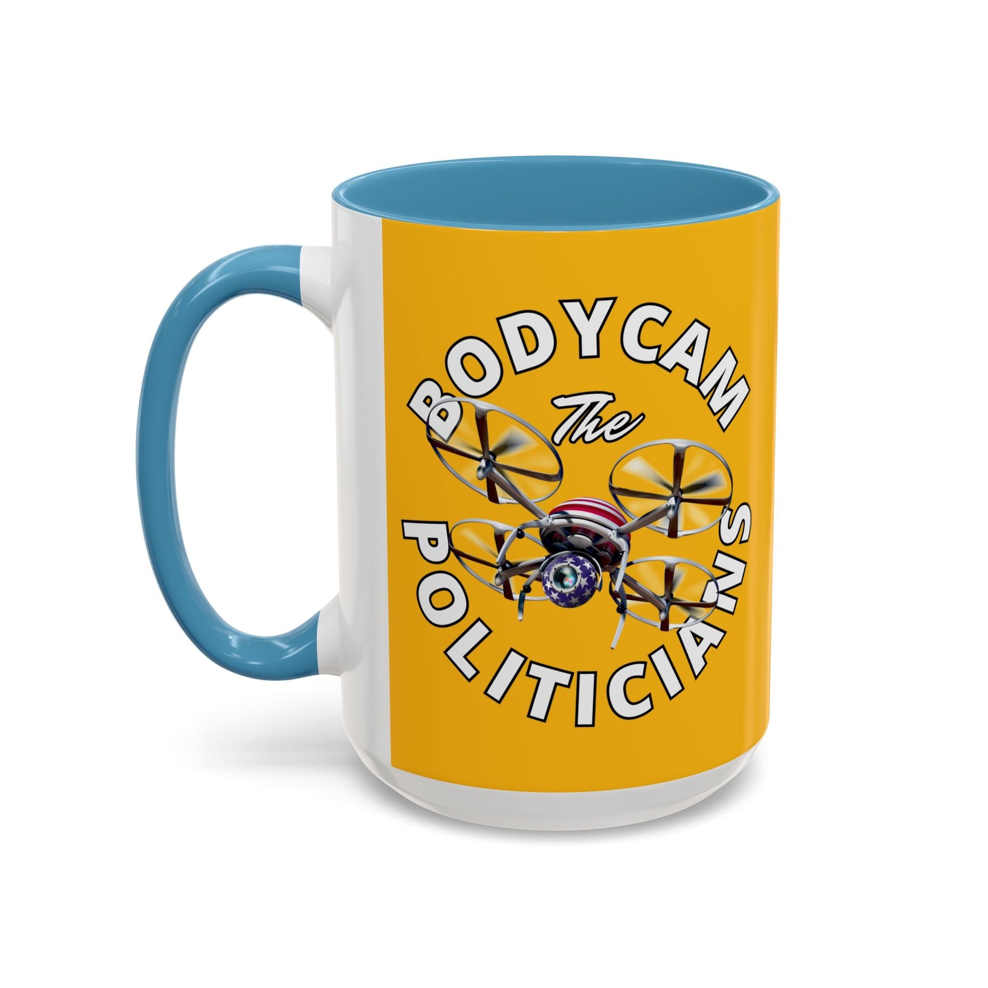 Bodycam the Politicians Drone Yellow Accent Mug by cypherpunkgear.com – cypherpunkgear.com | Cypherpunk Merch