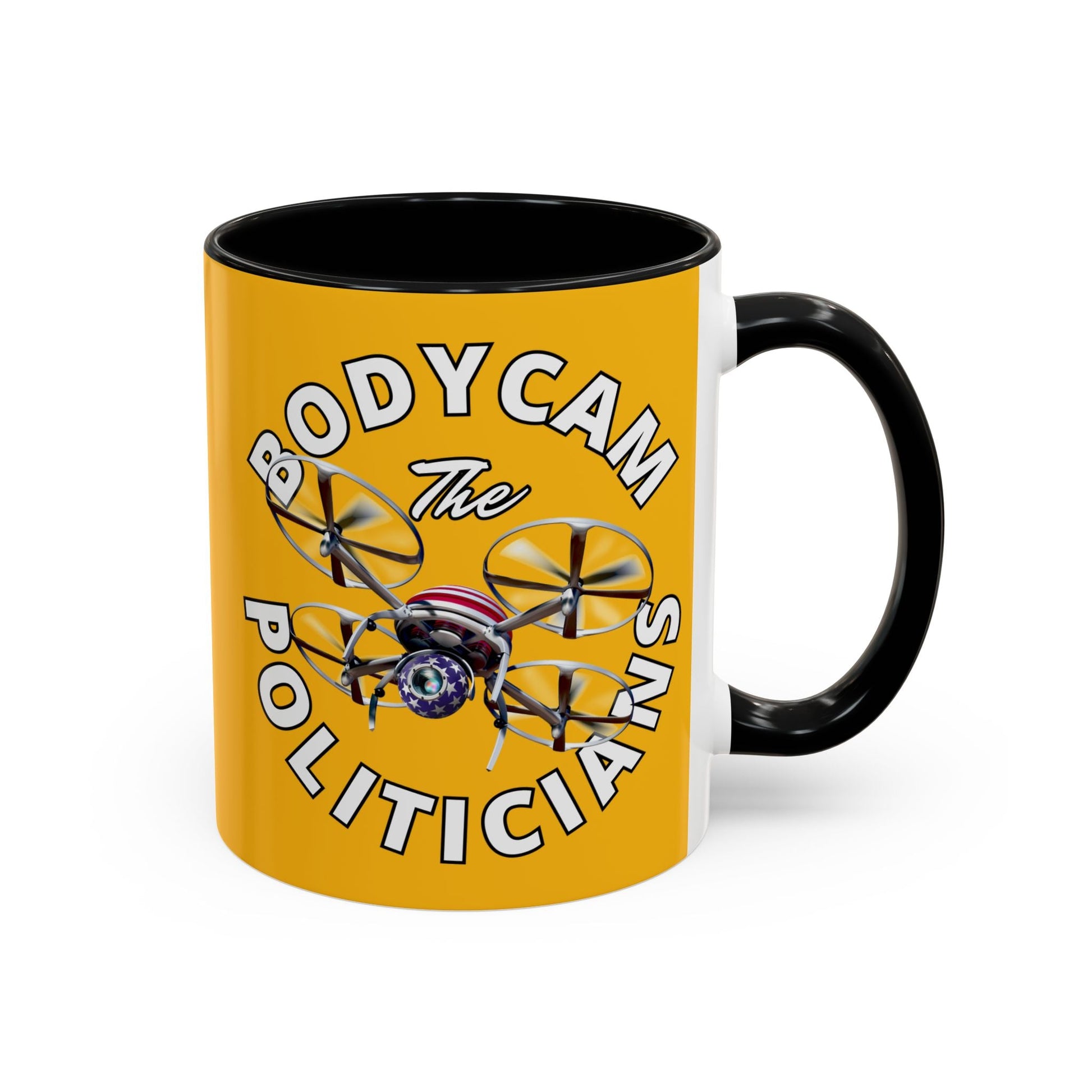 Bodycam the Politicians Drone Yellow Accent Mug by cypherpunkgear.com – cypherpunkgear.com | Cypherpunk Merch
