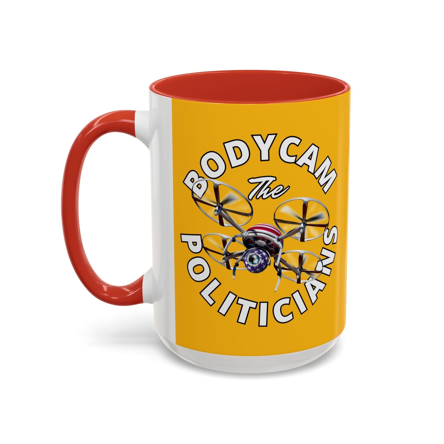 Bodycam the Politicians Drone Yellow Accent Mug by cypherpunkgear.com – cypherpunkgear.com | Cypherpunk Merch