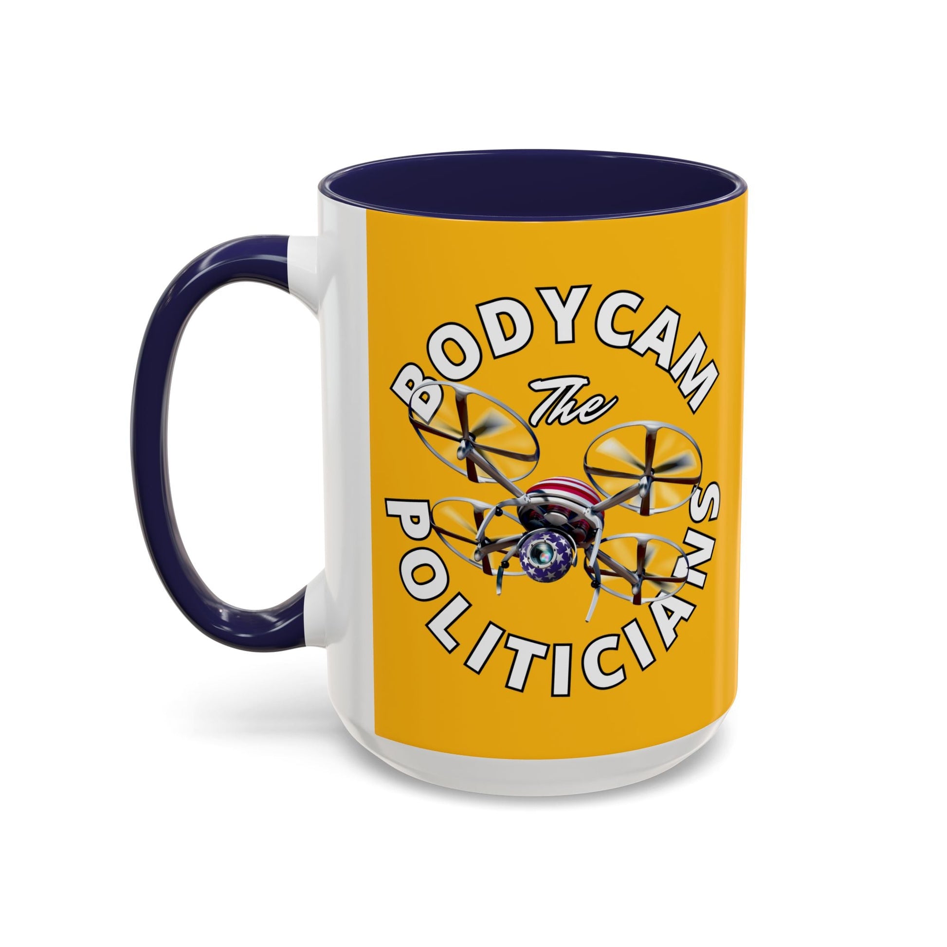 Bodycam the Politicians Drone Yellow Accent Mug by cypherpunkgear.com – cypherpunkgear.com | Cypherpunk Merch
