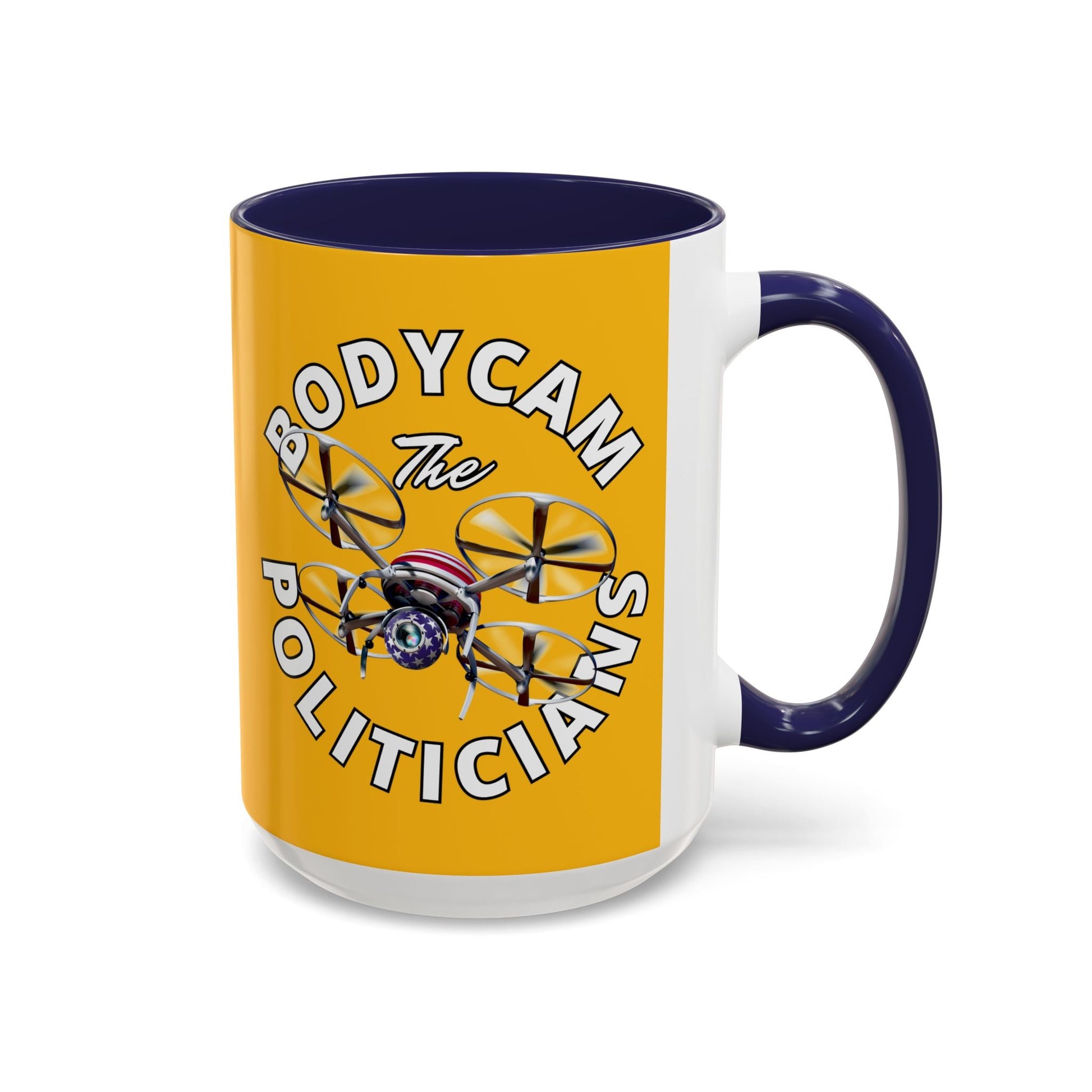 Bodycam the Politicians Drone Yellow Accent Mug by cypherpunkgear.com – cypherpunkgear.com | Cypherpunk Merch
