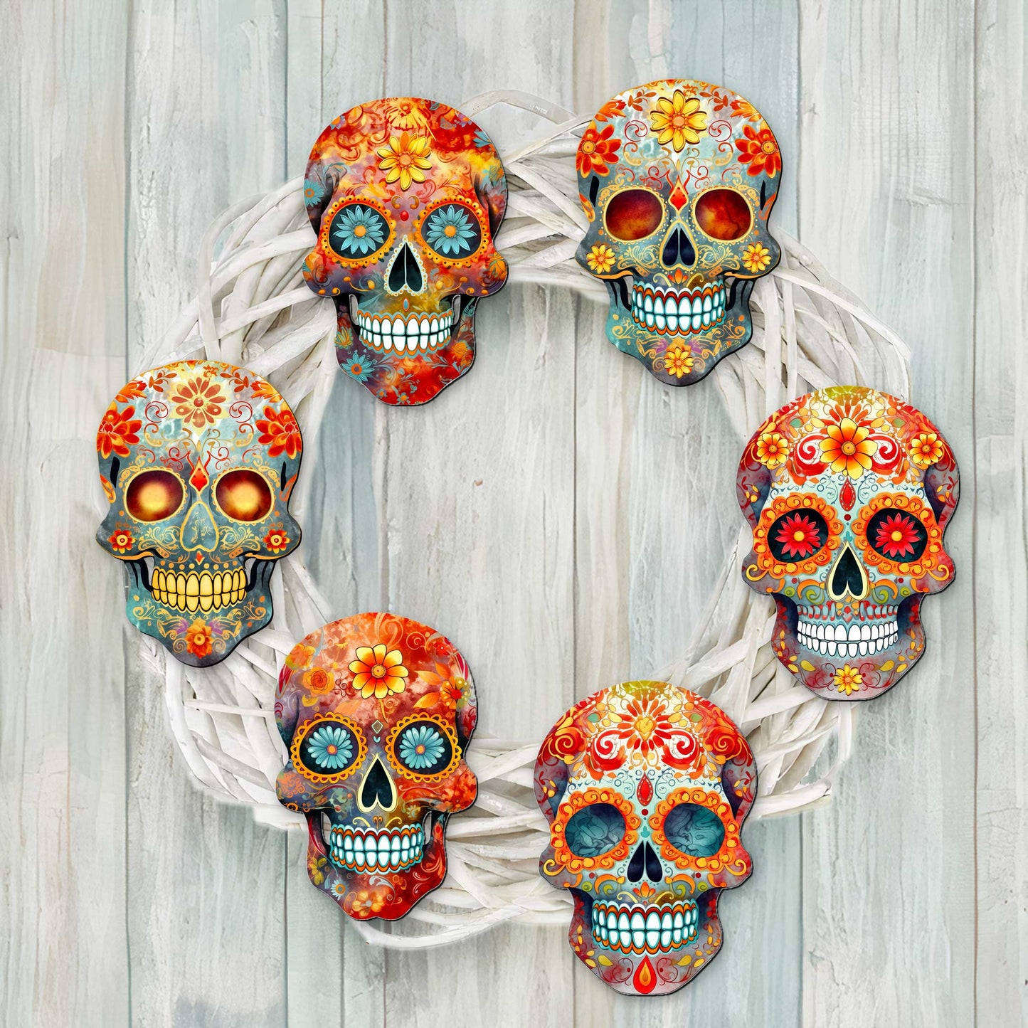 Sugar Skulls Clip-On Eco Wood Decorative Ornaments Set of 6 by G. Debrekht - Halloween Decor - 8090071C-S6