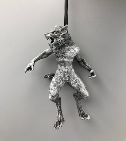 Werewolf Ornament, Grayscale, Hand Painted Resin Sculpture | Gothic Halloween Legendary Monster | Dark Folklore for Spooky Holiday Ornament