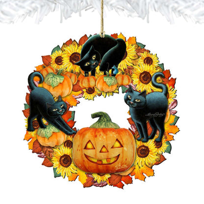 Halloween Cats Wreath Wooden Ornaments by G. DeBrekht and L. Seeley- Thanksgiving Halloween Decor - 8185305-4-SL