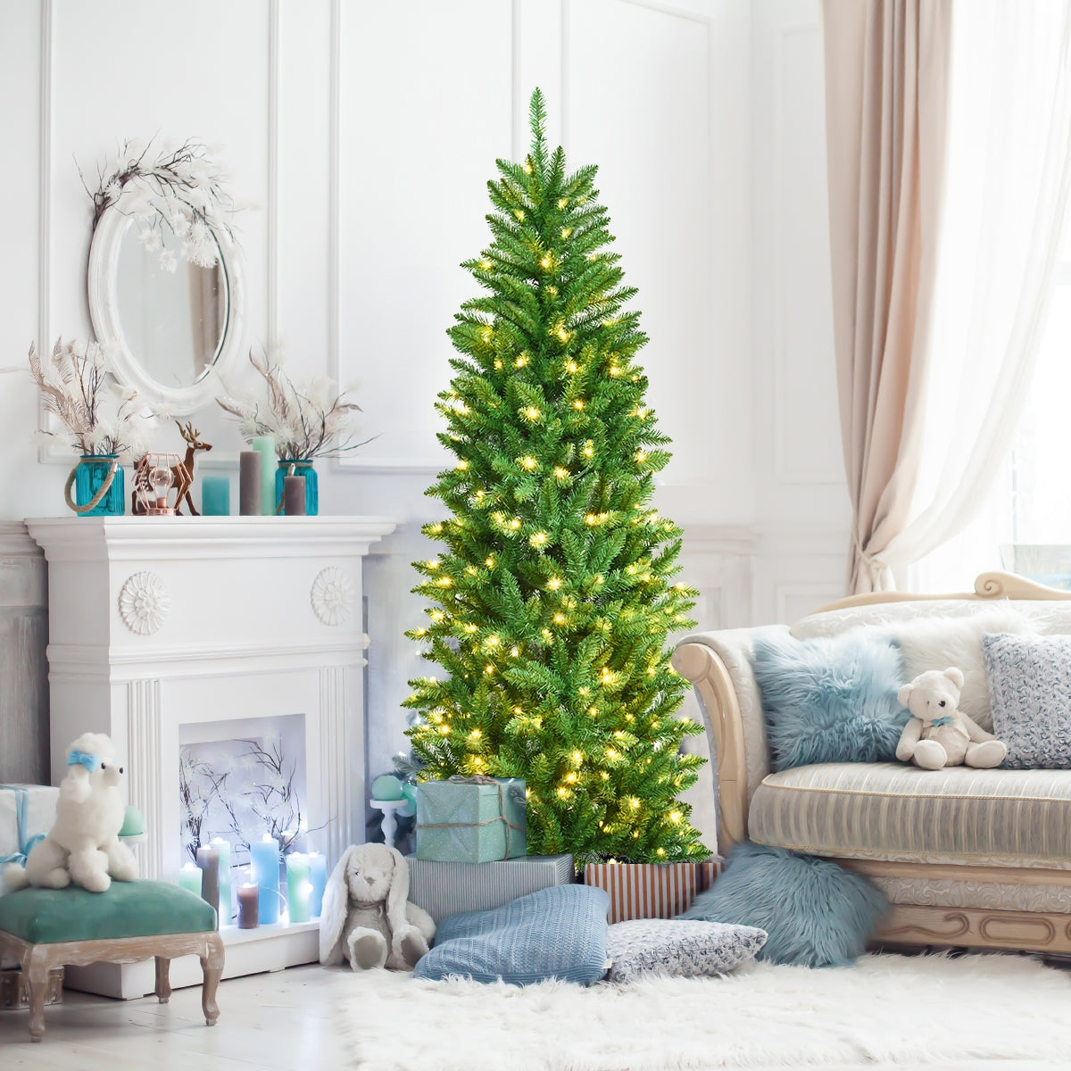 6 Feet PVC Hinged Pre-lit Artificial Fir Pencil Christmas Tree with 150 Lights