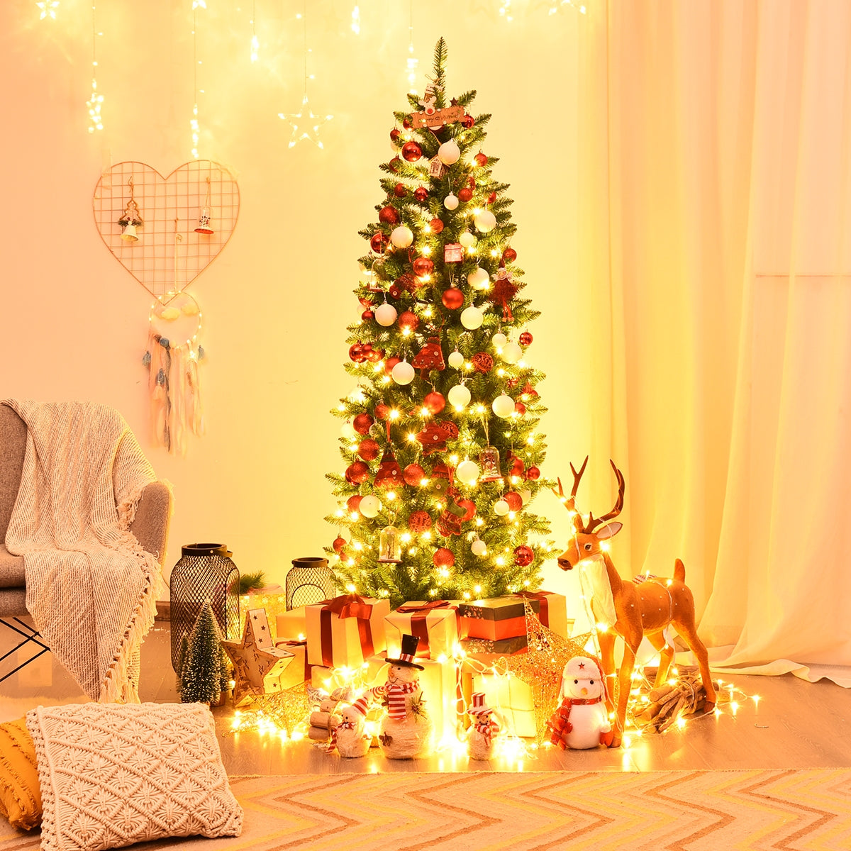 6 Feet PVC Hinged Pre-lit Artificial Fir Pencil Christmas Tree with 150 Lights