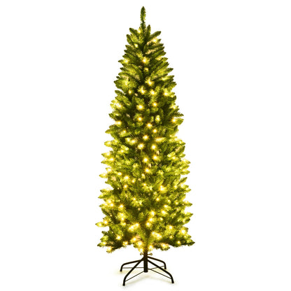 6 Feet PVC Hinged Pre-lit Artificial Fir Pencil Christmas Tree with 150 Lights